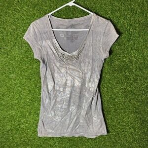 Awake Couture Womens‎ Gray Embellished V Neck Short Sleeve T Shirt Top